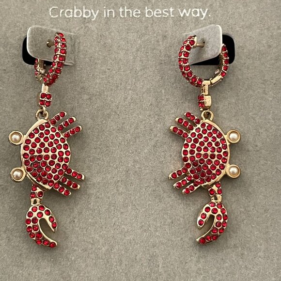 NIB Baublebar Crustacean Sensation Red Crystal Crabs Pierced Hoop Drop Earrings - Picture 4 of 5
